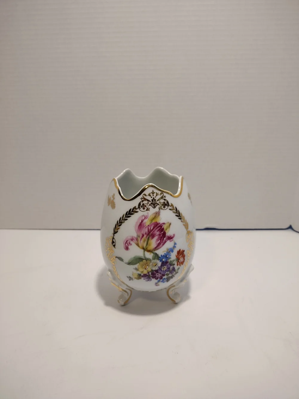 Limoges White Porcelain Floral Egg Vase with Gold Trim